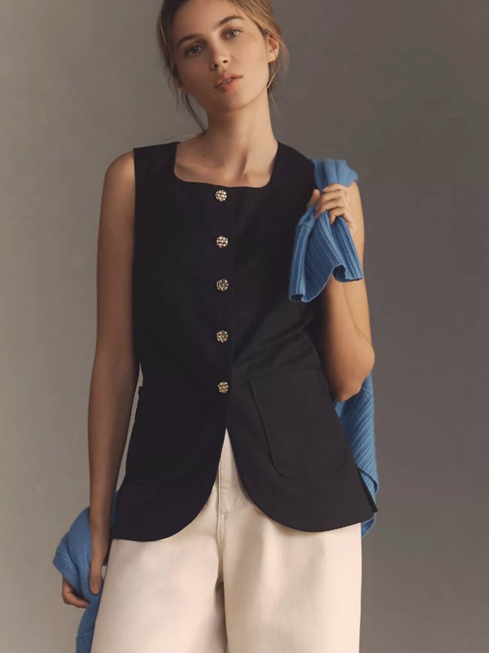 NWT Anthropologie Maeve Black Longline Vest XS Gold Textured Buttons Pockets - Picture 2 of 10